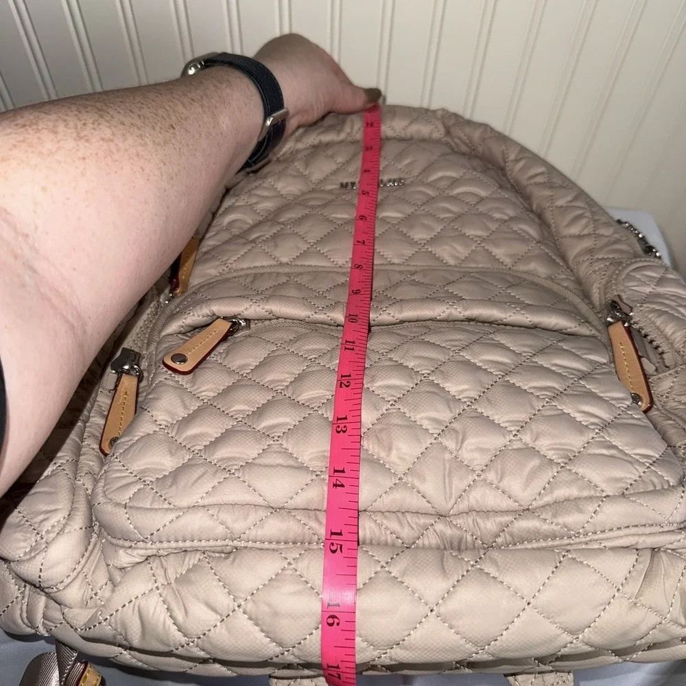 MZ Wallace Pocket Metro Quilted Nylon Backpack Diaper Laptop Work Bag Beige Tan - Picture 15 of 16